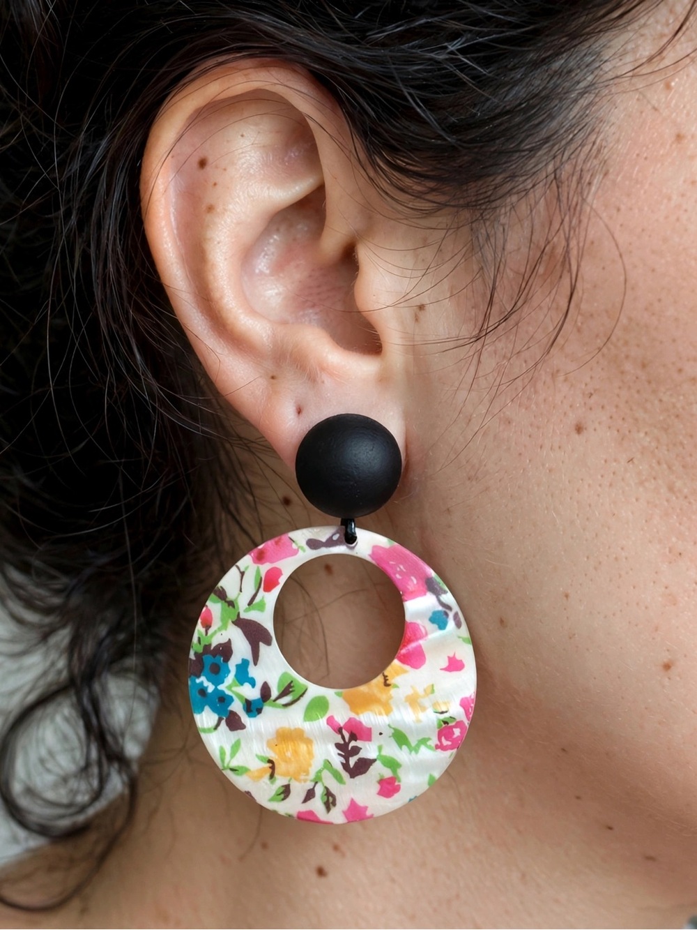 New Amimi | Hand Painted Floral Shell Drops | S925 Posts E133